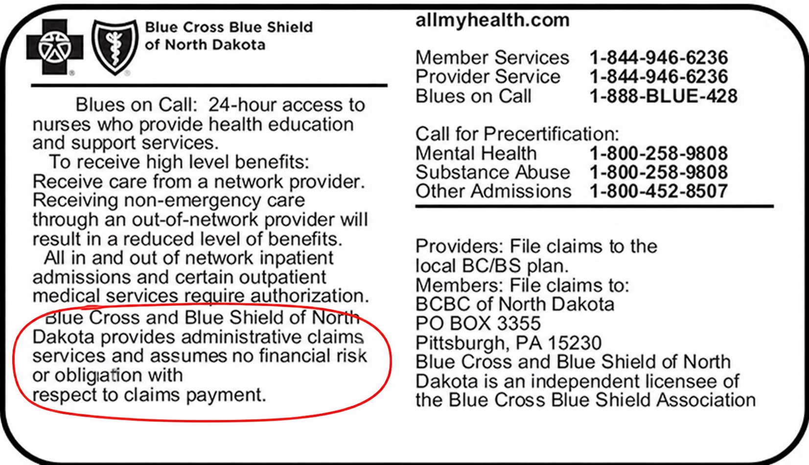 Sample Blue Cross Blue Shield card with the administrator no-financial-risk disclosure circled