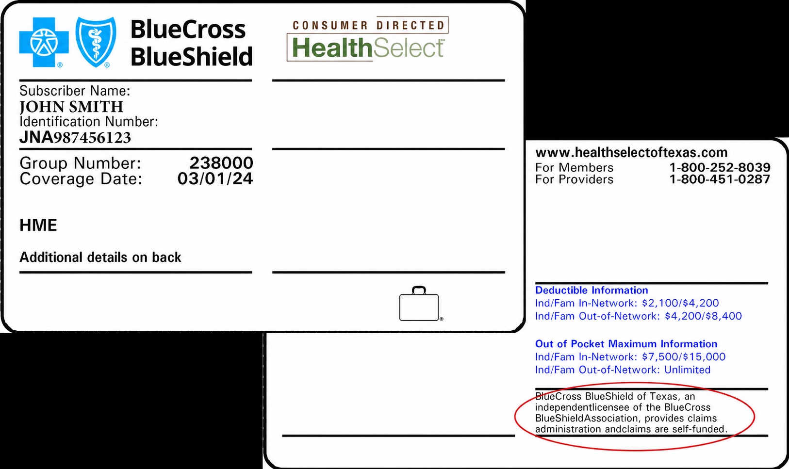 Self-funded member ID card example